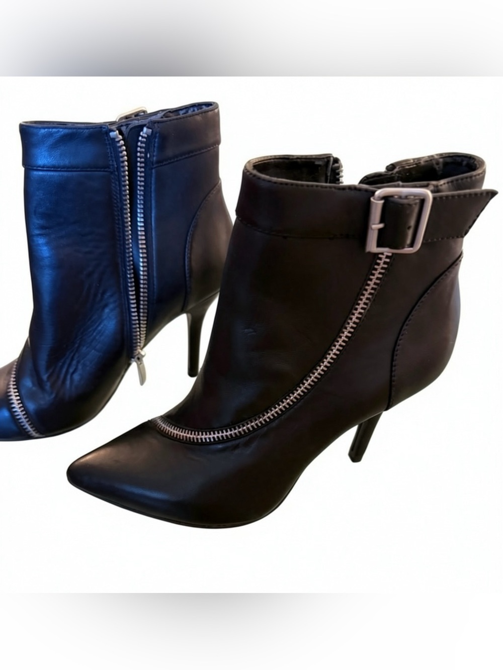 Trouve Black Genuine Leather Zipper Buckle Stiletto Ankle Booties Size 5.5M